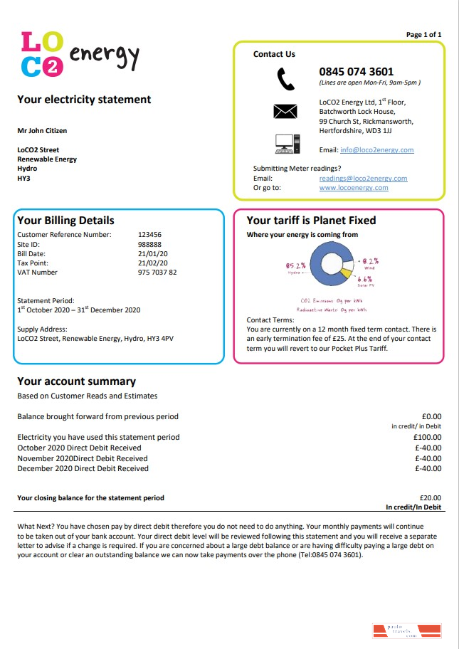 United Kingdom LoCO2 Energy utility bill template in Word and PDF format